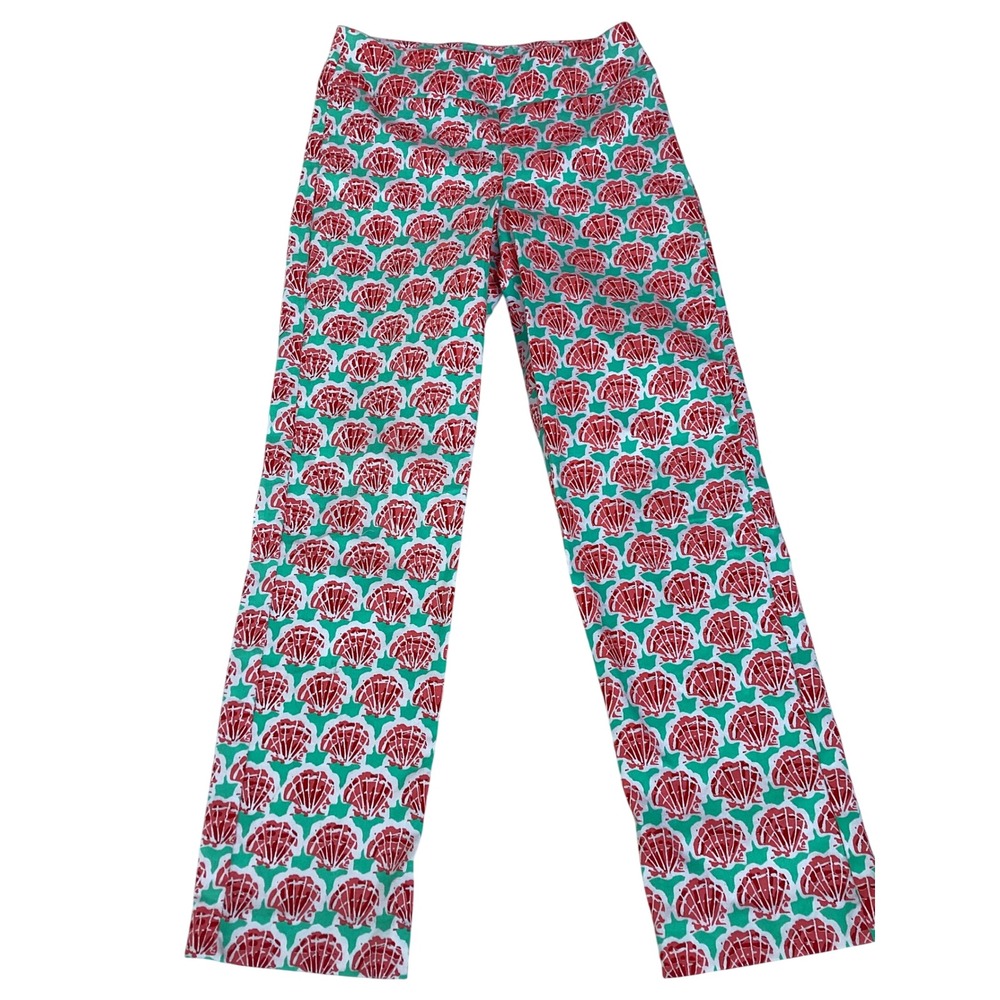 Barbara Erickson Seashell Print Straight Leg Pants Red Green Coastal Prep Sz‎ 6